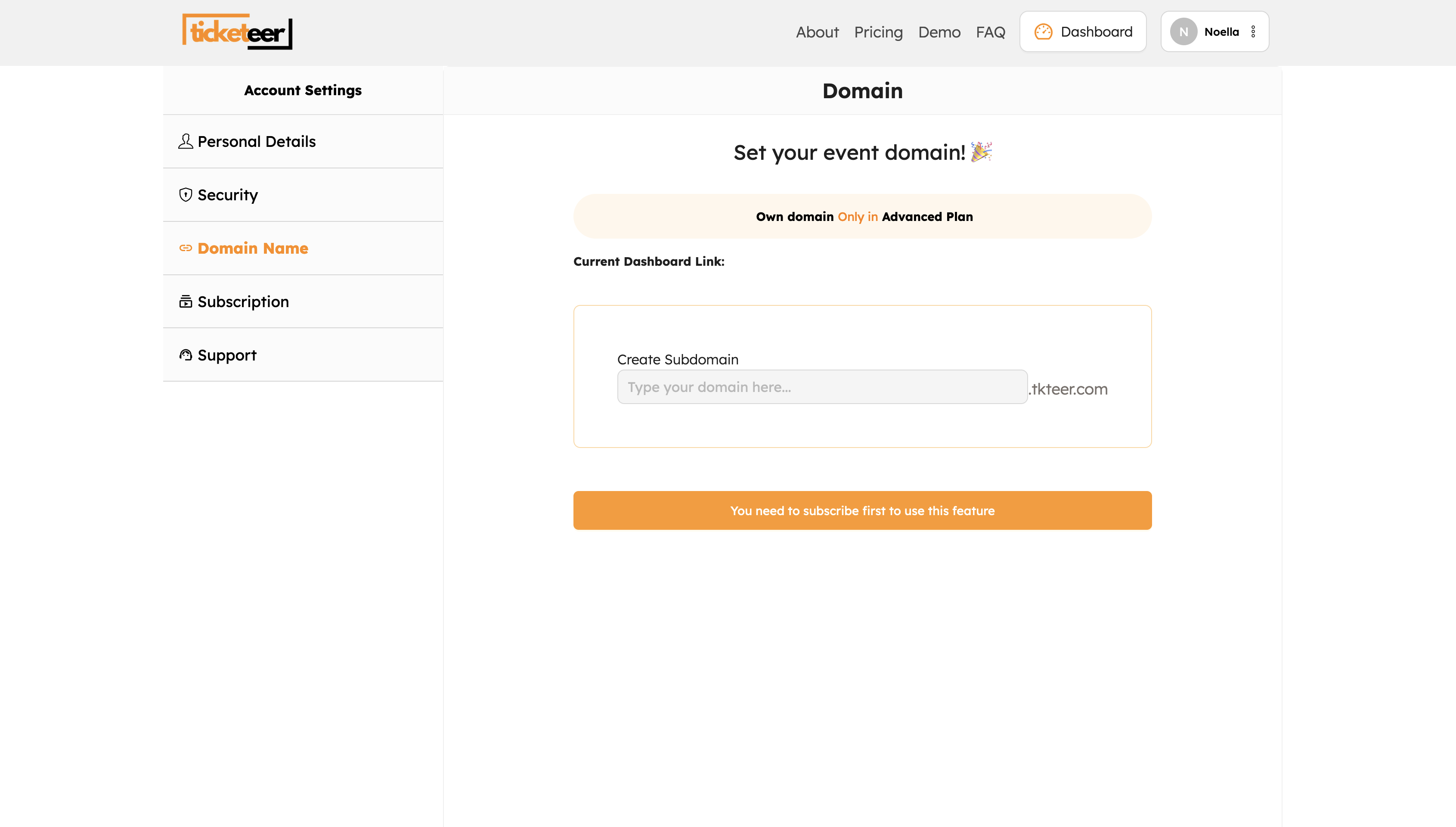 Ticketeer — User dashboard (Domain)